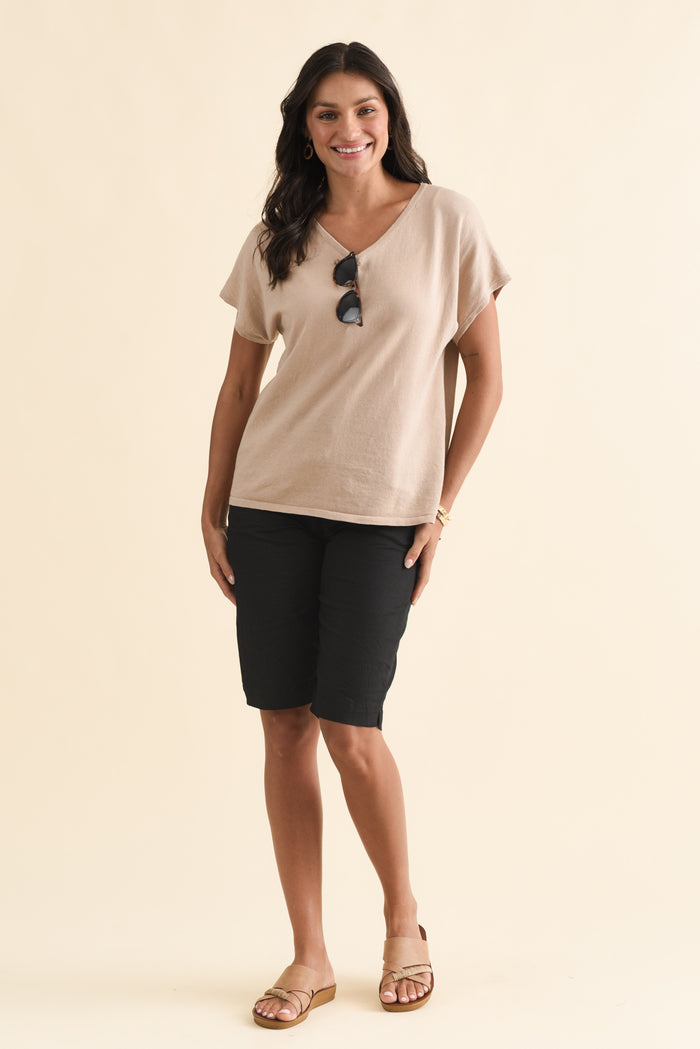 Via Beige Cotton V Neck Knit Top,Brunette model,alt text|model:Brontie