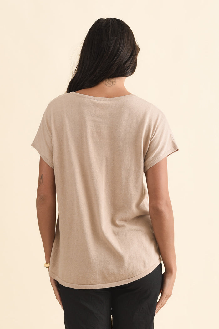 Via Beige Cotton V Neck Knit Top,Brunette model,alt text|model:Brontie