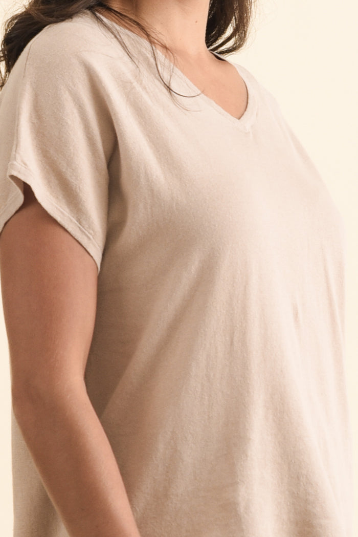 Via Beige Cotton V Neck Knit Top,Brunette model,alt text|model:Brontie