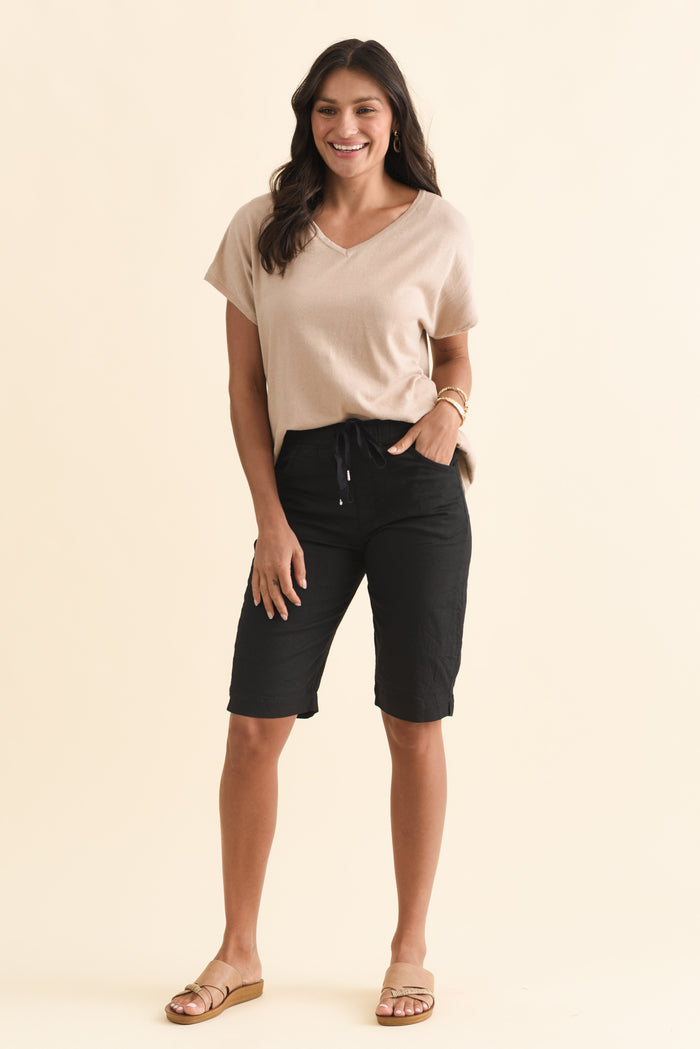 Via Beige Cotton V Neck Knit Top,Brunette model,alt text|model:Brontie