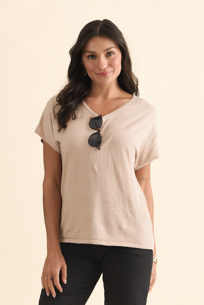 Via Beige Cotton V Neck Knit Top,Brunette model,alt text|model:Brontie