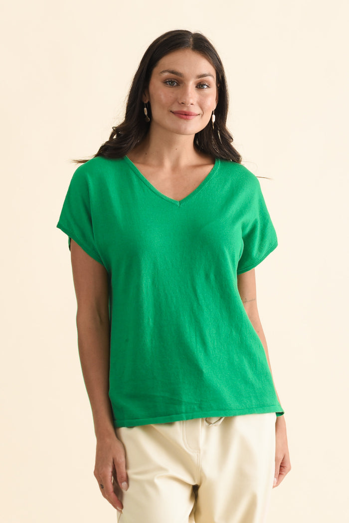 Via Green Cotton V Neck Knit Top,Brunette model,alt text|model:Brontie