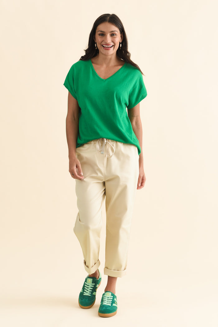 Via Green Cotton V Neck Knit Top,Brunette model,alt text|model:Brontie