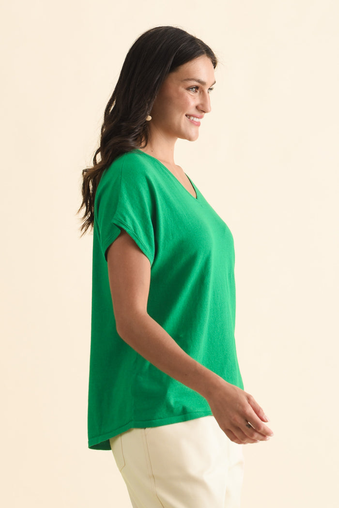Via Green Cotton V Neck Knit Top,Brunette model,alt text|model:Brontie