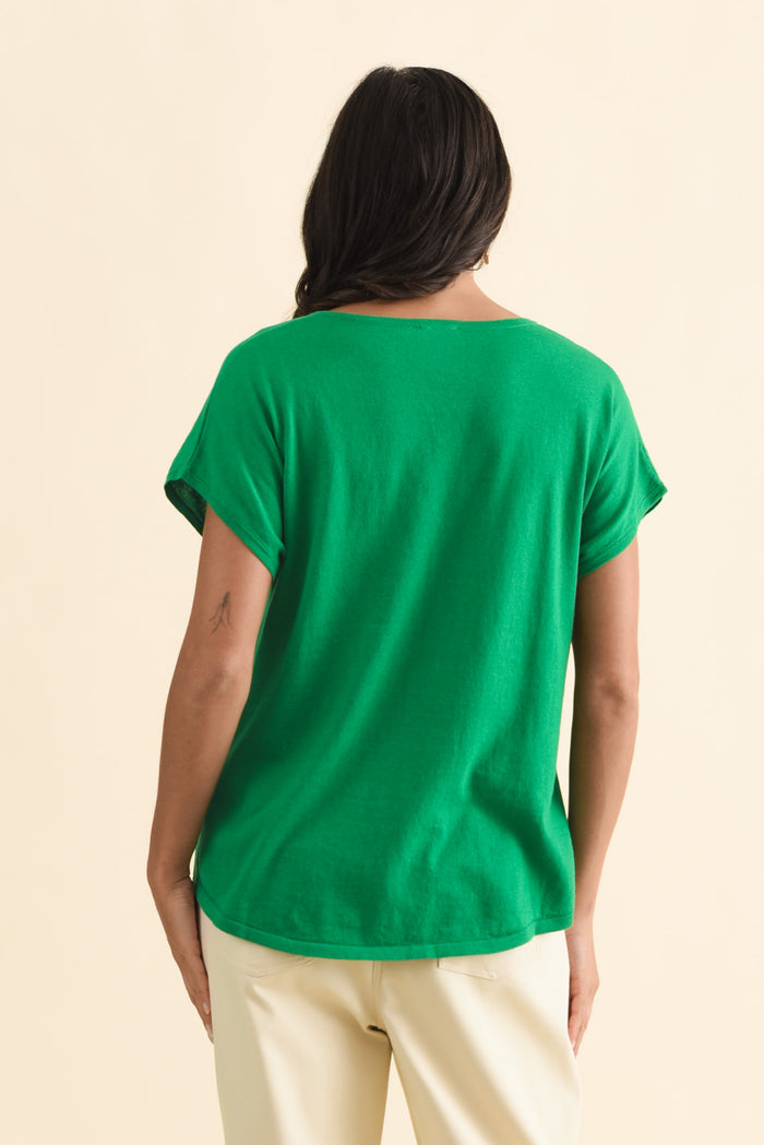 Via Green Cotton V Neck Knit Top,Brunette model,alt text|model:Brontie