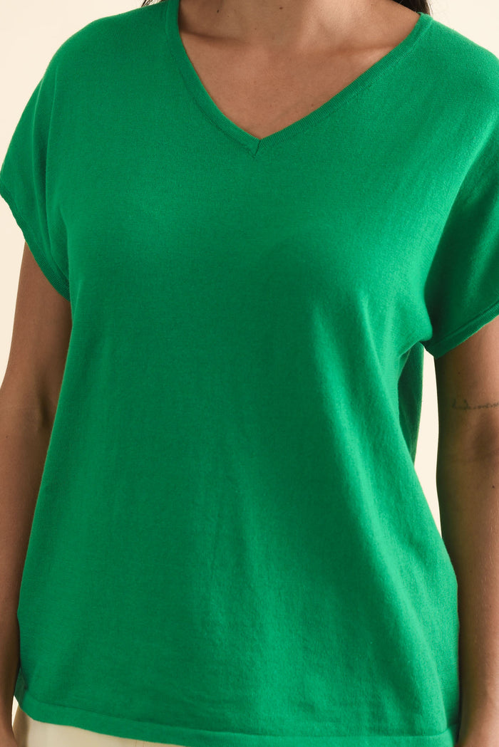 Via Green Cotton V Neck Knit Top,Brunette model,alt text|model:Brontie