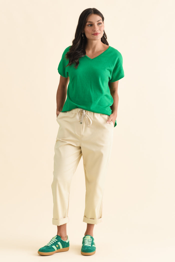 Via Green Cotton V Neck Knit Top,Brunette model,alt text|model:Brontie