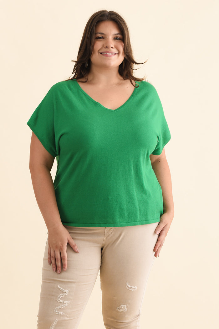 Via Green Cotton V Neck Knit Top,Brunette model,plus-size,curve-tops,plus-size-cotton-tops,alt text|model:Gabby