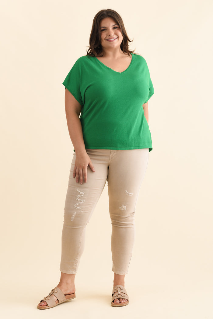 Via Green Cotton V Neck Knit Top,Brunette model,alt text|model:Gabby
