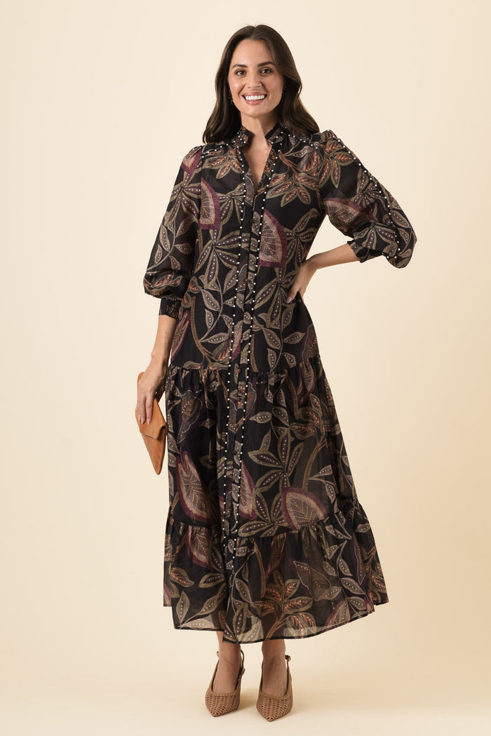 Wanderlust Dark Tropique Cotton Silk Pearl Dress,Brunette model,alt text|model:MJ