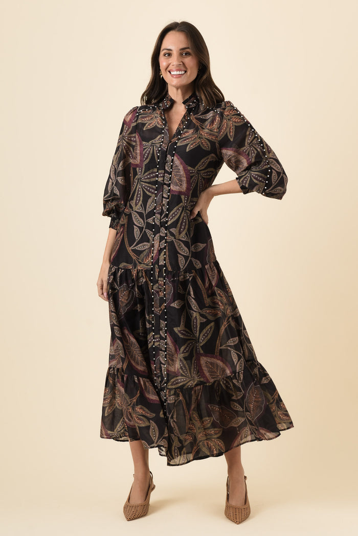 Wanderlust Dark Tropique Cotton Silk Pearl Dress,Brunette model,alt text|model:MJ