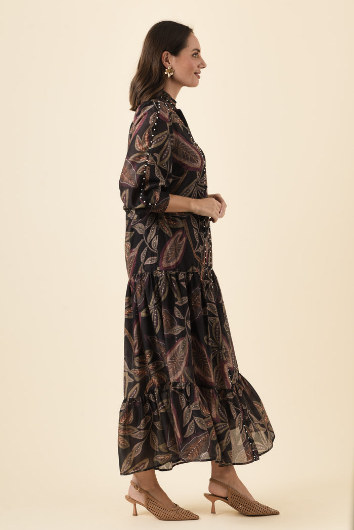 Wanderlust Dark Tropique Cotton Silk Pearl Dress,Brunette model,alt text|model:MJ
