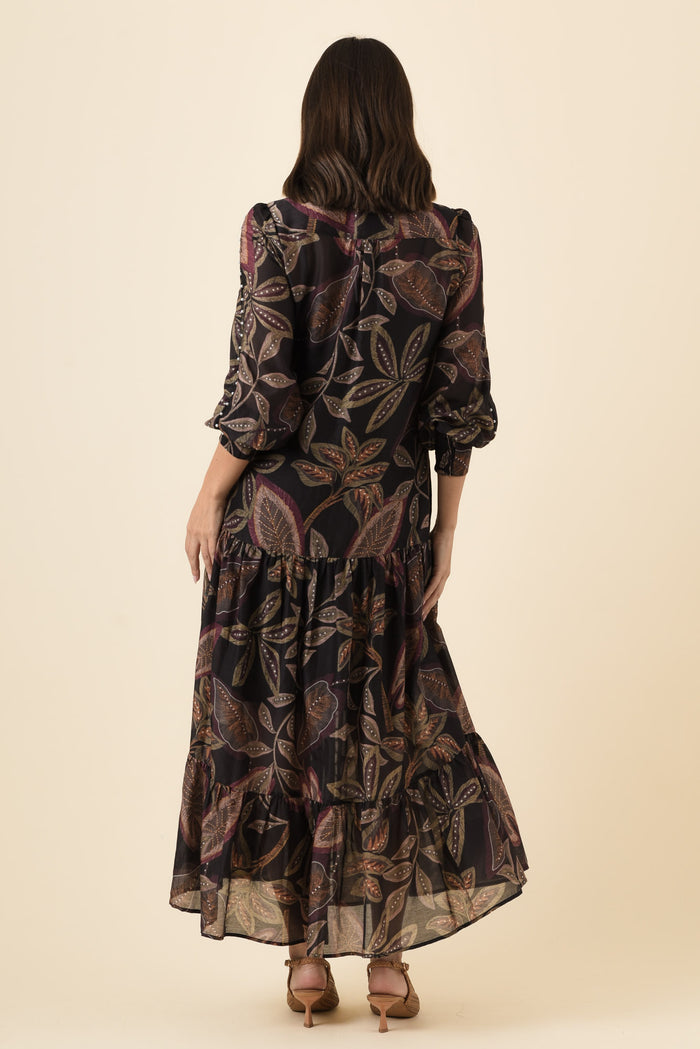 Wanderlust Dark Tropique Cotton Silk Pearl Dress,Brunette model,alt text|model:MJ