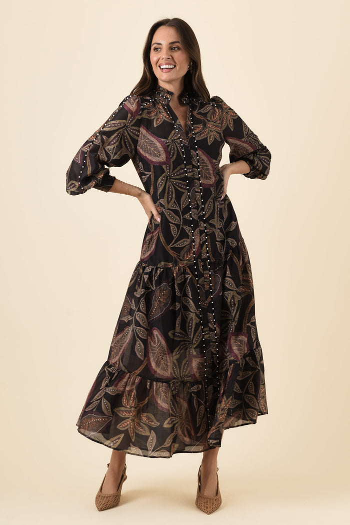 Wanderlust Dark Tropique Cotton Silk Pearl Dress,Brunette model,alt text|model:MJ
