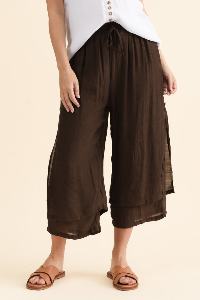 Watson Chocolate Cotton Blend Layered Pants,brunette model,Front of Outfit,alt text|model:MJ