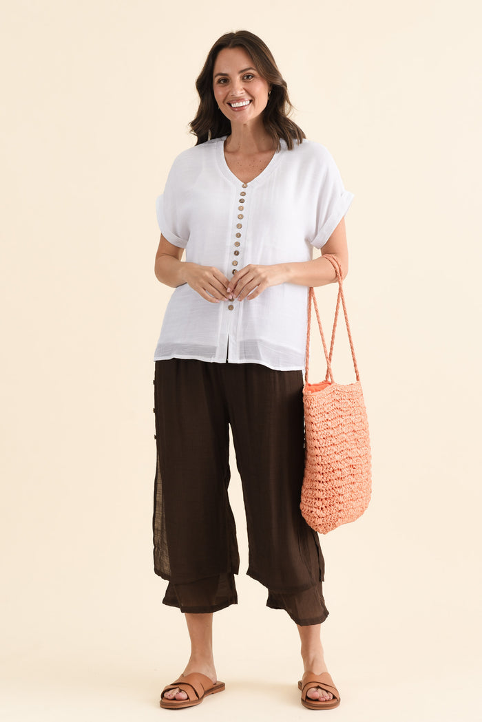 Watson Chocolate Cotton Blend Layered Pants,brunette model,Full Outfit,alt text|model:MJ
