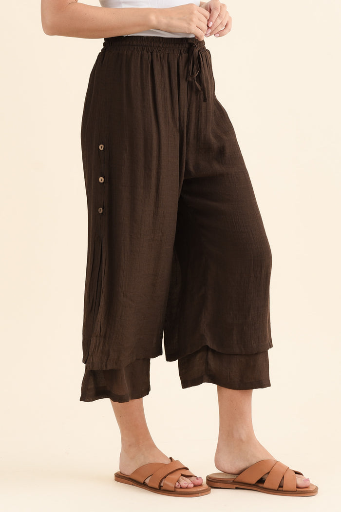Watson Chocolate Cotton Blend Layered Pants,brunette model,Side of Outfit,alt text|model:MJ