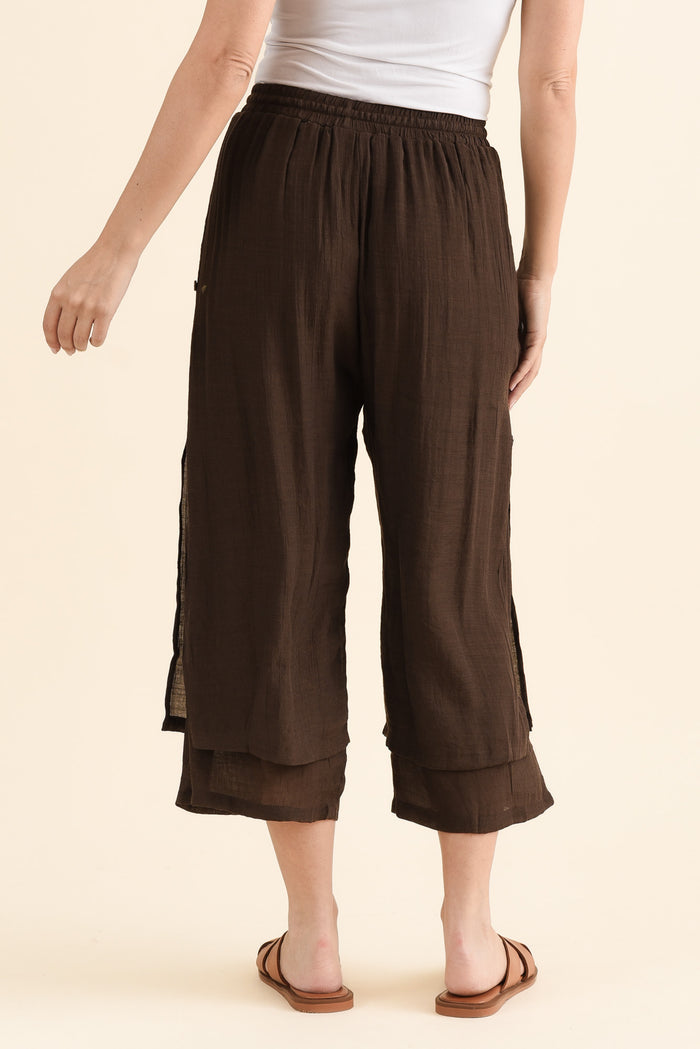 Watson Chocolate Cotton Blend Layered Pants,brunette model,Back of Outfit,alt text|model:MJ