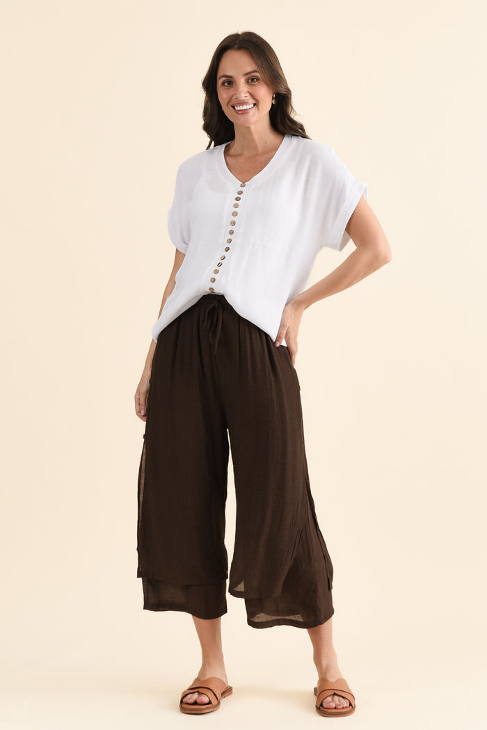 Watson Chocolate Cotton Blend Layered Pants,brunette model,Full Outfit,alt text|model:MJ