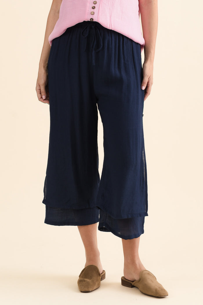 Watson Navy Cotton Blend Layered Pants,brunette model,Front of Outfit,alt text|model:MJ