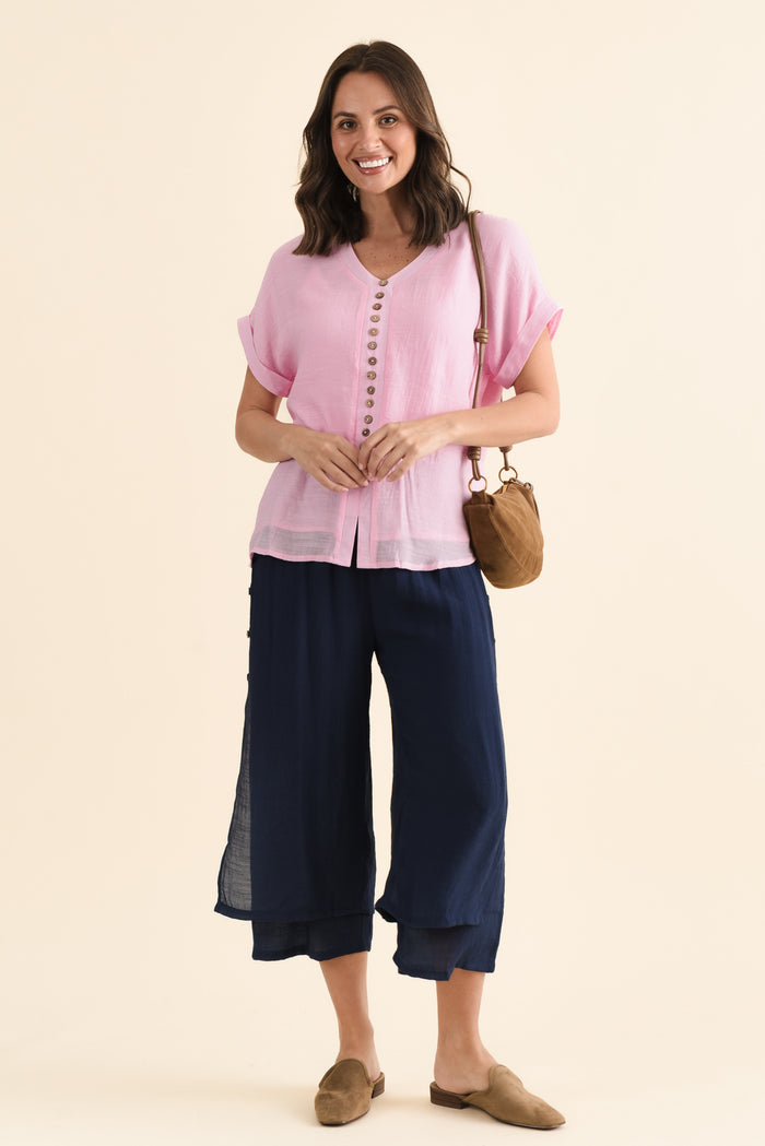 Watson Navy Cotton Blend Layered Pants,brunette model,Full Outfit,alt text|model:MJ