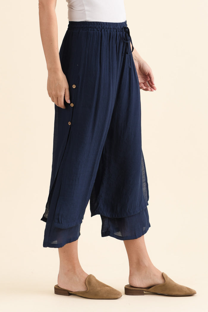Watson Navy Cotton Blend Layered Pants,brunette model,Side of Outfit,alt text|model:MJ