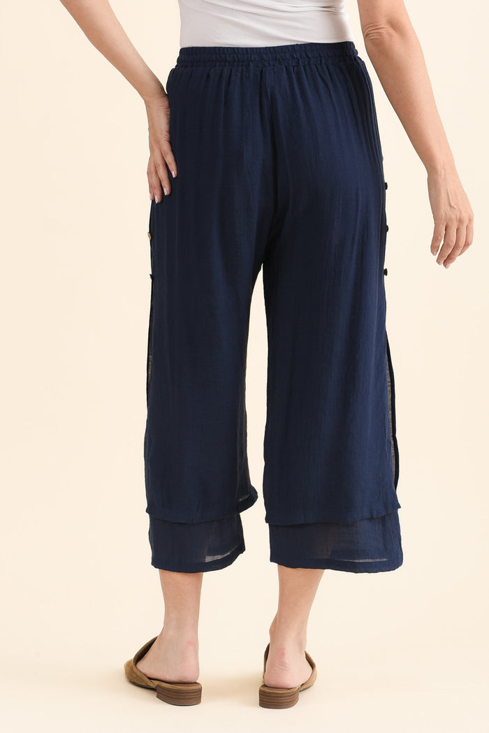 Watson Navy Cotton Blend Layered Pants,brunette model,Back of Outfit,alt text|model:MJ