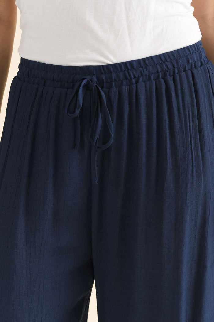 Watson Navy Cotton Blend Layered Pants,brunette model,Close up of outfit,alt text|model:MJ