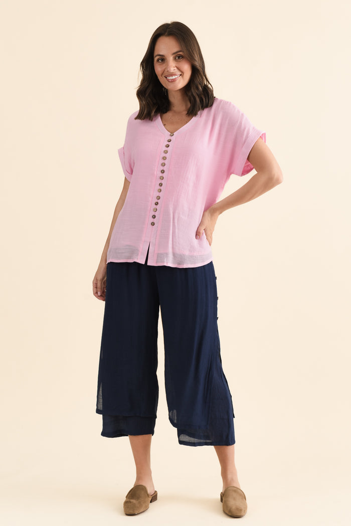 Watson Navy Cotton Blend Layered Pants,brunette model,Full Outfit,alt text|model:MJ