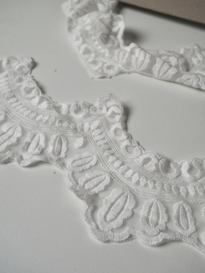 White Cotton Embroidered Scallop Tulle Trim 75mm