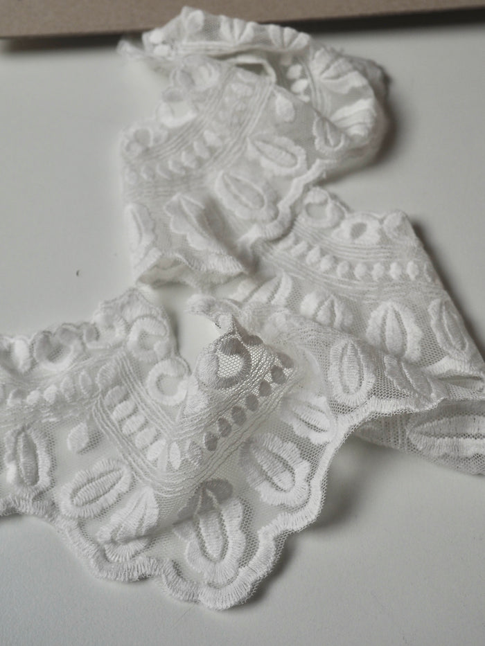 White Cotton Embroidered Scallop Tulle Trim 75mm
