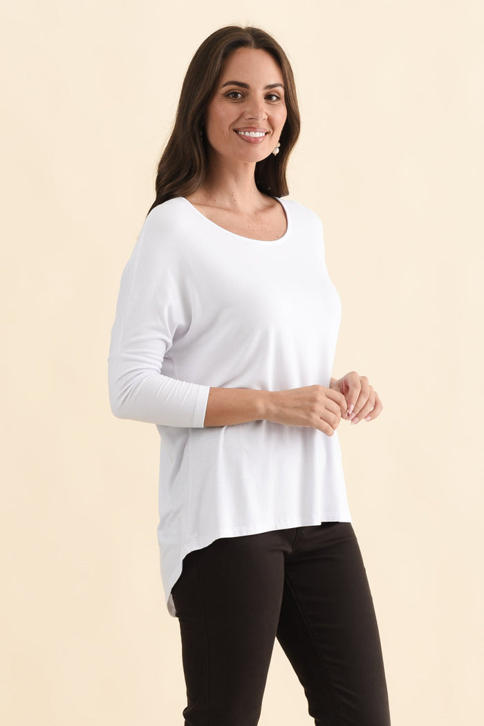 White Milan 3/4 Sleeve Top,Brunette model,alt text|model:MJ