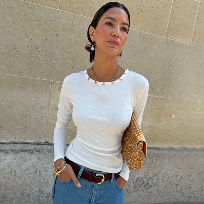 White Stud Long Sleeve Rib Top