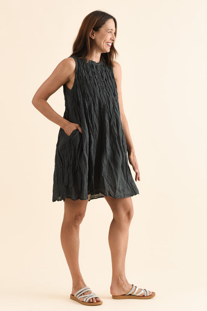 Willa Charcoal Crinkle Cotton Dress,Side,Brunette model,alt text|model:Cara