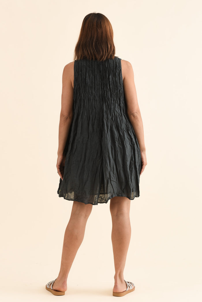 Willa Charcoal Crinkle Cotton Dress,Back,Brunette model,alt text|model:Cara