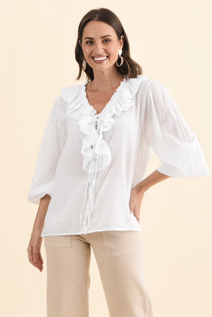 Winifred White Cotton Frill Top