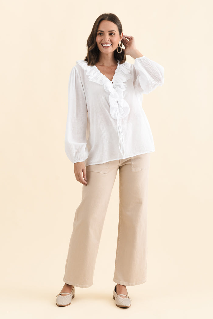 Winifred White Cotton Frill Top