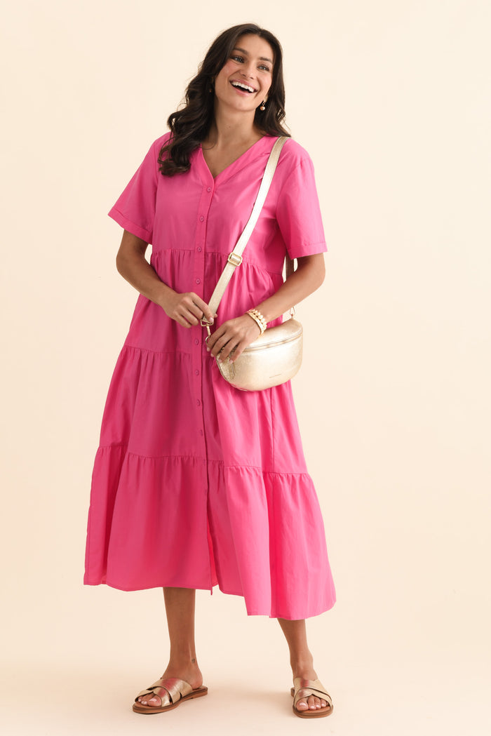 Winona Fuchsia Cotton Button Dress,Brunette model,alt text|model:Brontie