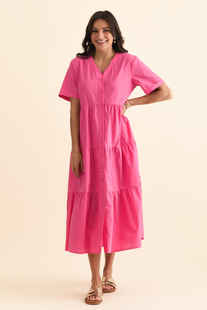 Winona Fuchsia Cotton Button Dress,Brunette model,alt text|model:Brontie