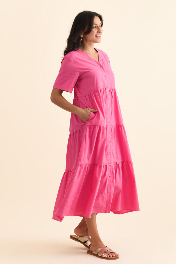 Winona Fuchsia Cotton Button Dress,Brunette model,alt text|model:Brontie