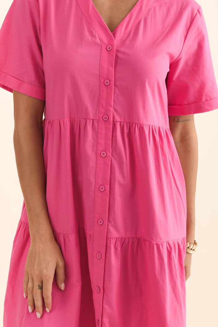 Winona Fuchsia Cotton Button Dress,Brunette model,alt text|model:Brontie