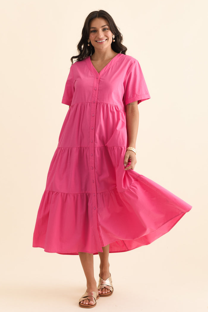 Winona Fuchsia Cotton Button Dress,Brunette model,alt text|model:Brontie