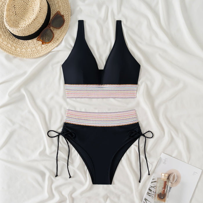 Women High Waisted Bikini Sets Tummy Control Swimsuits Color Block Two Piece Drawstring Bathing Suit
