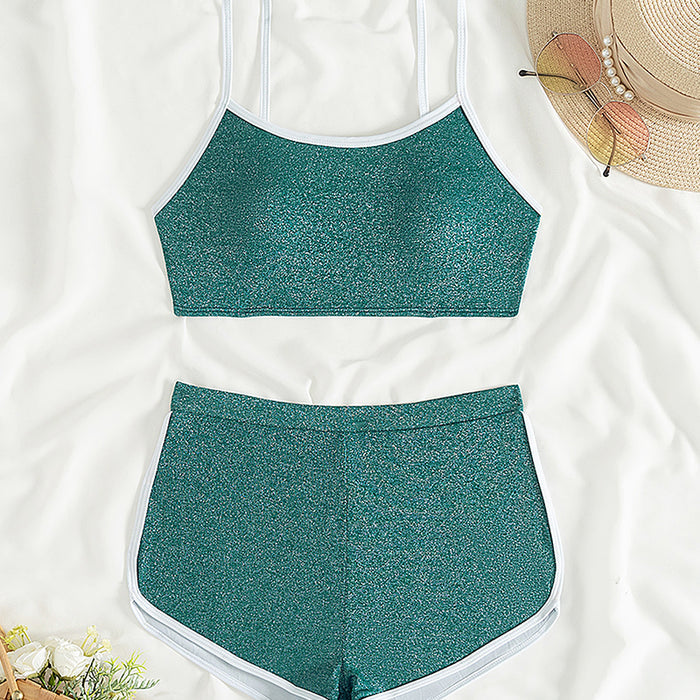 Women's Bikini Set Textured Two-Piece Swimsuit Color-Block Swimsuit High-Waist Bikini Showing Hips