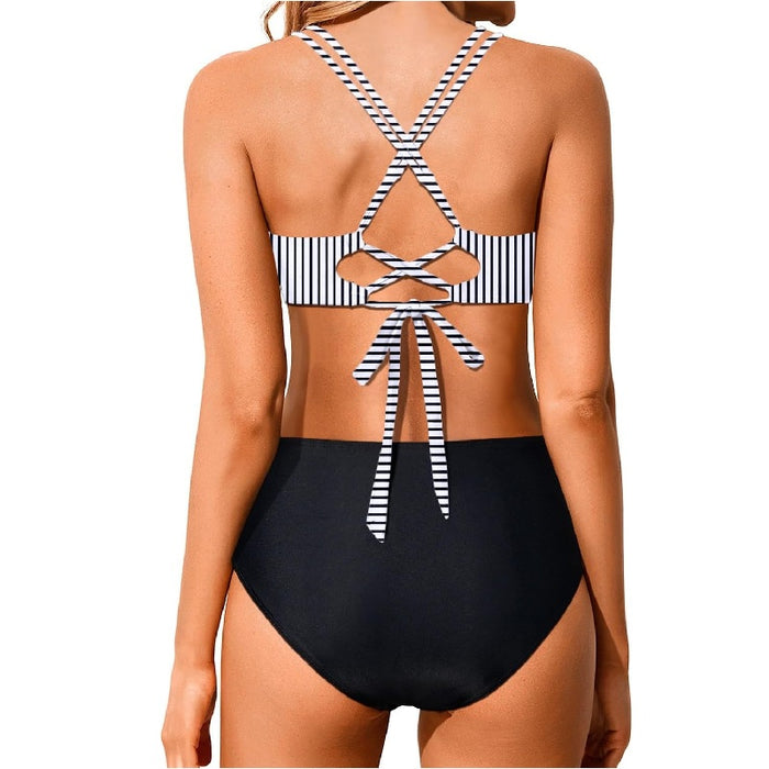 Women's high-waisted bikini set, triangle bottom swimsuit, crisscross back swimwear