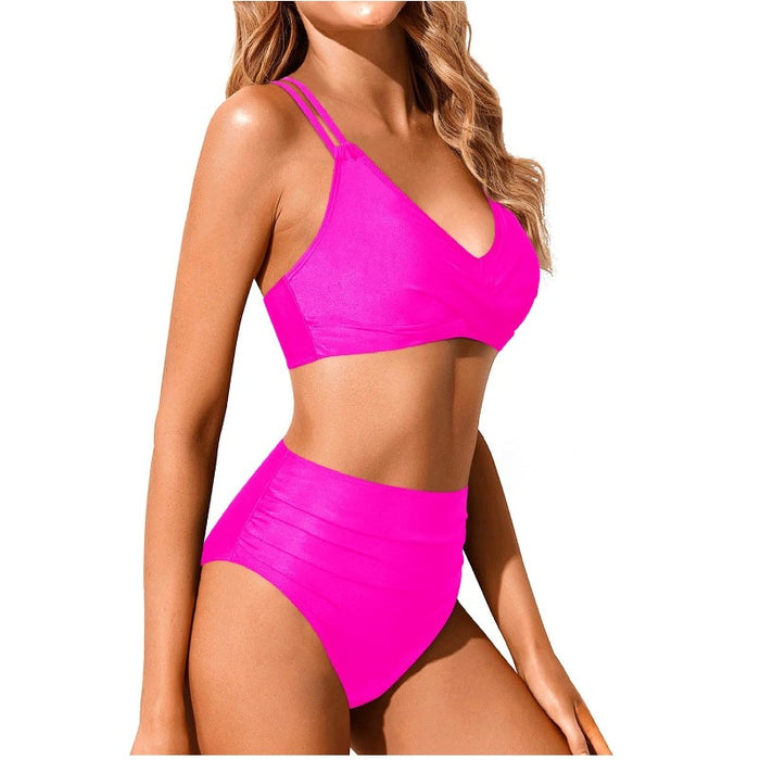 Women's high-waisted bikini set, triangle bottom swimsuit, crisscross back swimwear