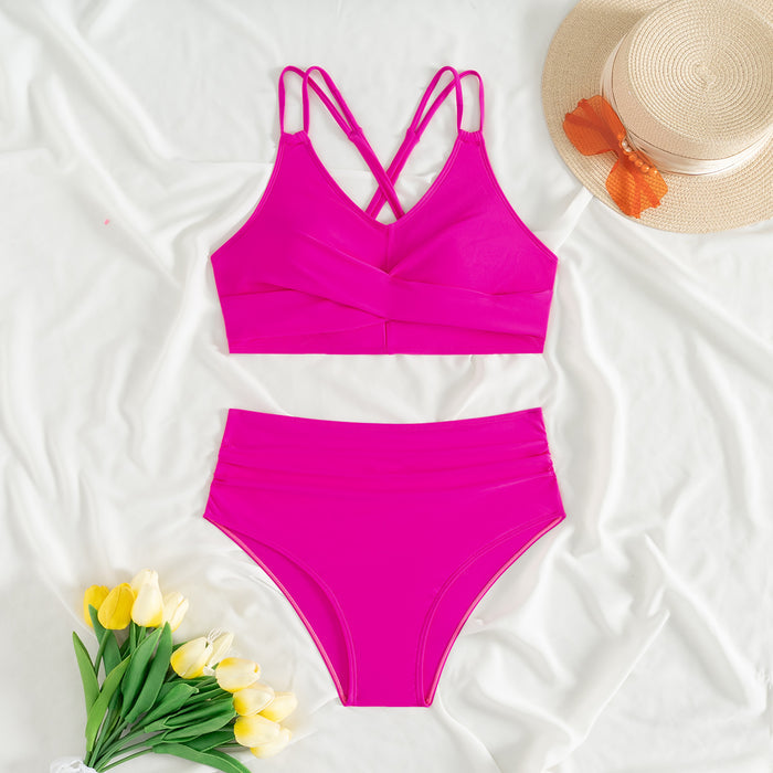 Women's high-waisted bikini set, triangle bottom swimsuit, crisscross back swimwear
