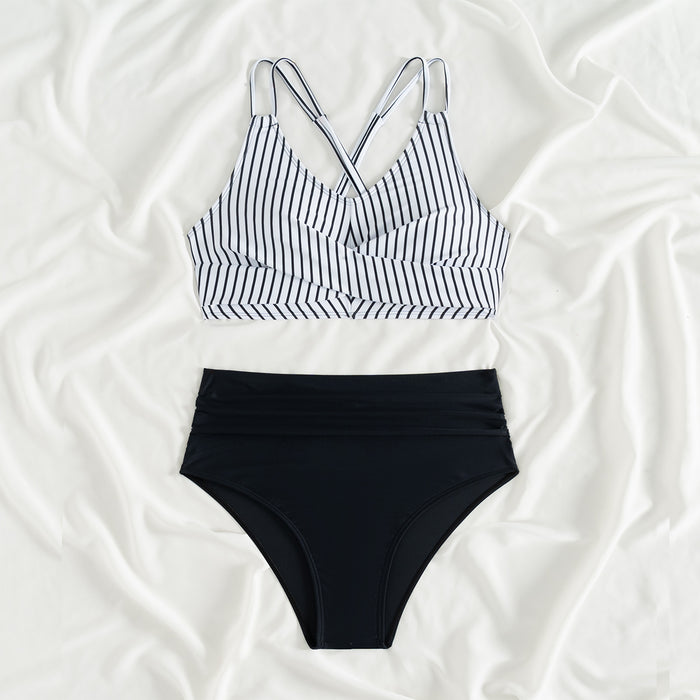 Women's high-waisted bikini set, triangle bottom swimsuit, crisscross back swimwear