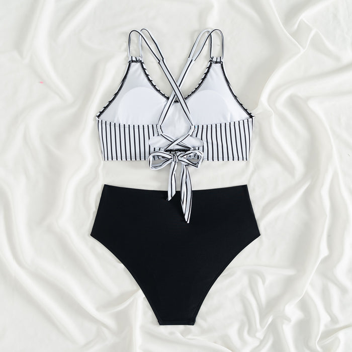 Women's high-waisted bikini set, triangle bottom swimsuit, crisscross back swimwear