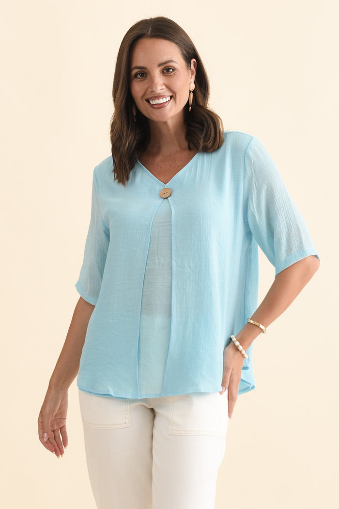 Yasmin Blue Layered Button Top,Brunette model,alt text|model:MJ